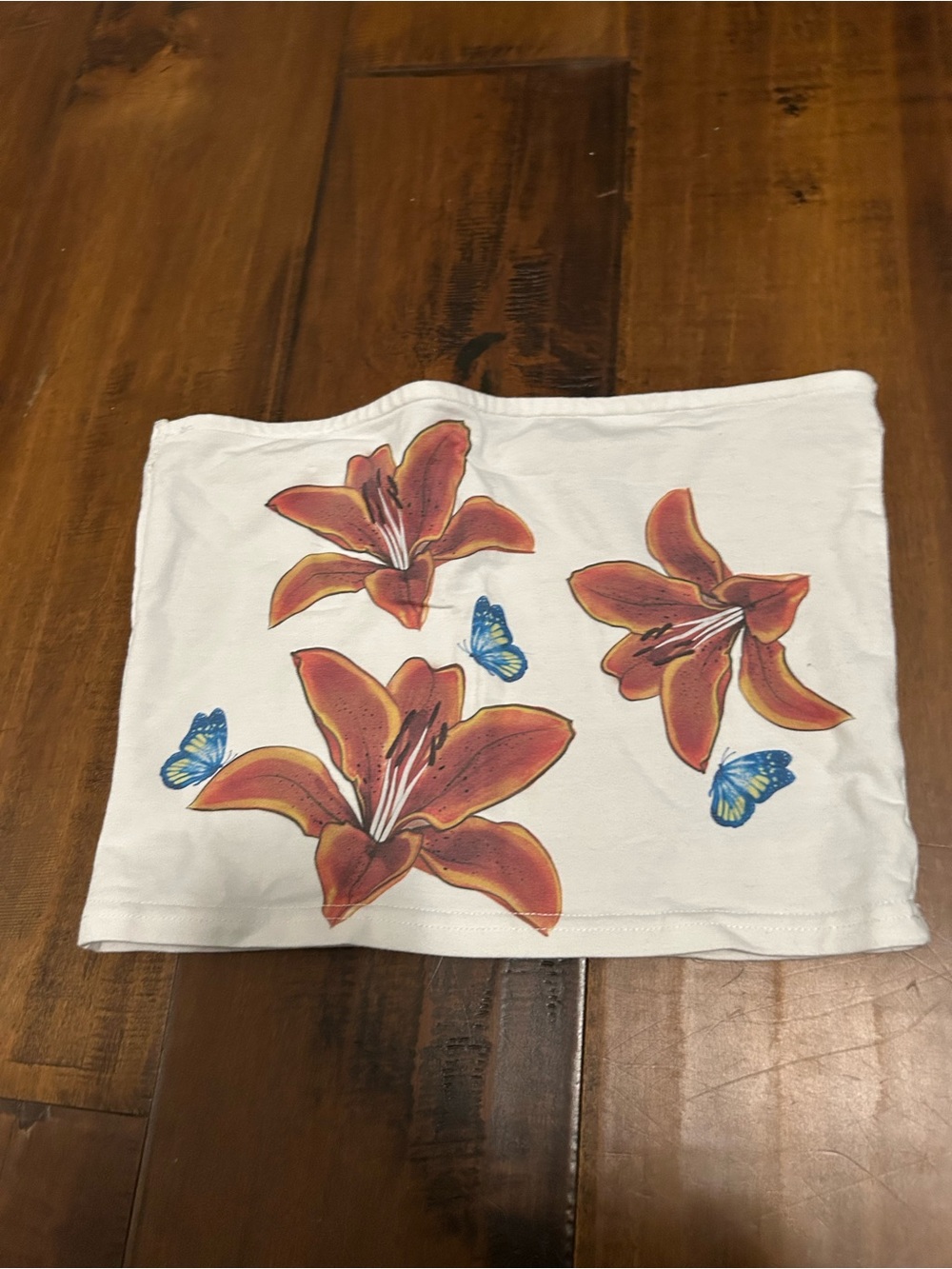 Edikted White Tube Top with Orange Floral and Blue Butterfly Motif